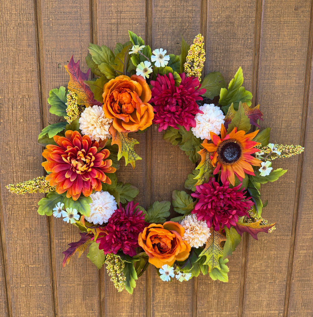 Burgundy Mum & Orange Rose Fall Wreath | Burgundy, Orange & Cream