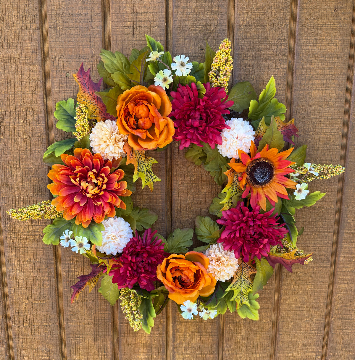 Burgundy Mum & Orange Rose Fall Wreath | Burgundy, Orange & Cream