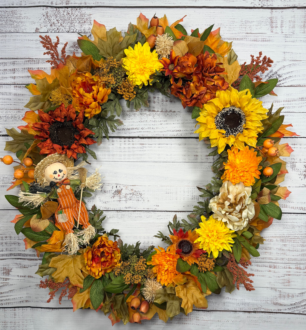 Oversized Scarecrow Sunflower Fall Wreath | Orange, Yellow, Rust & Cream | 34” Round