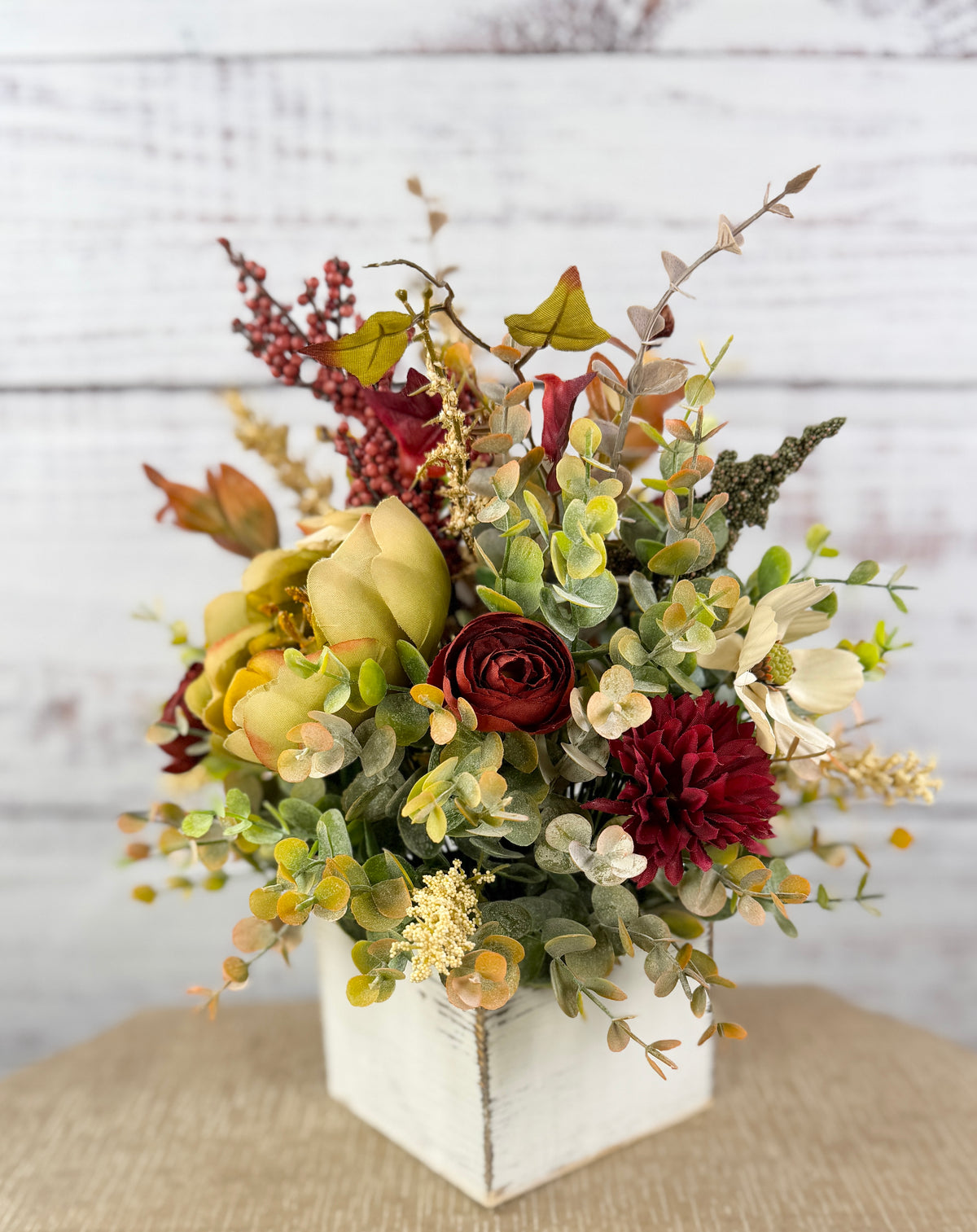 Cottage Crimson – Fall Floral Arrangement in Distressed Wood Cube