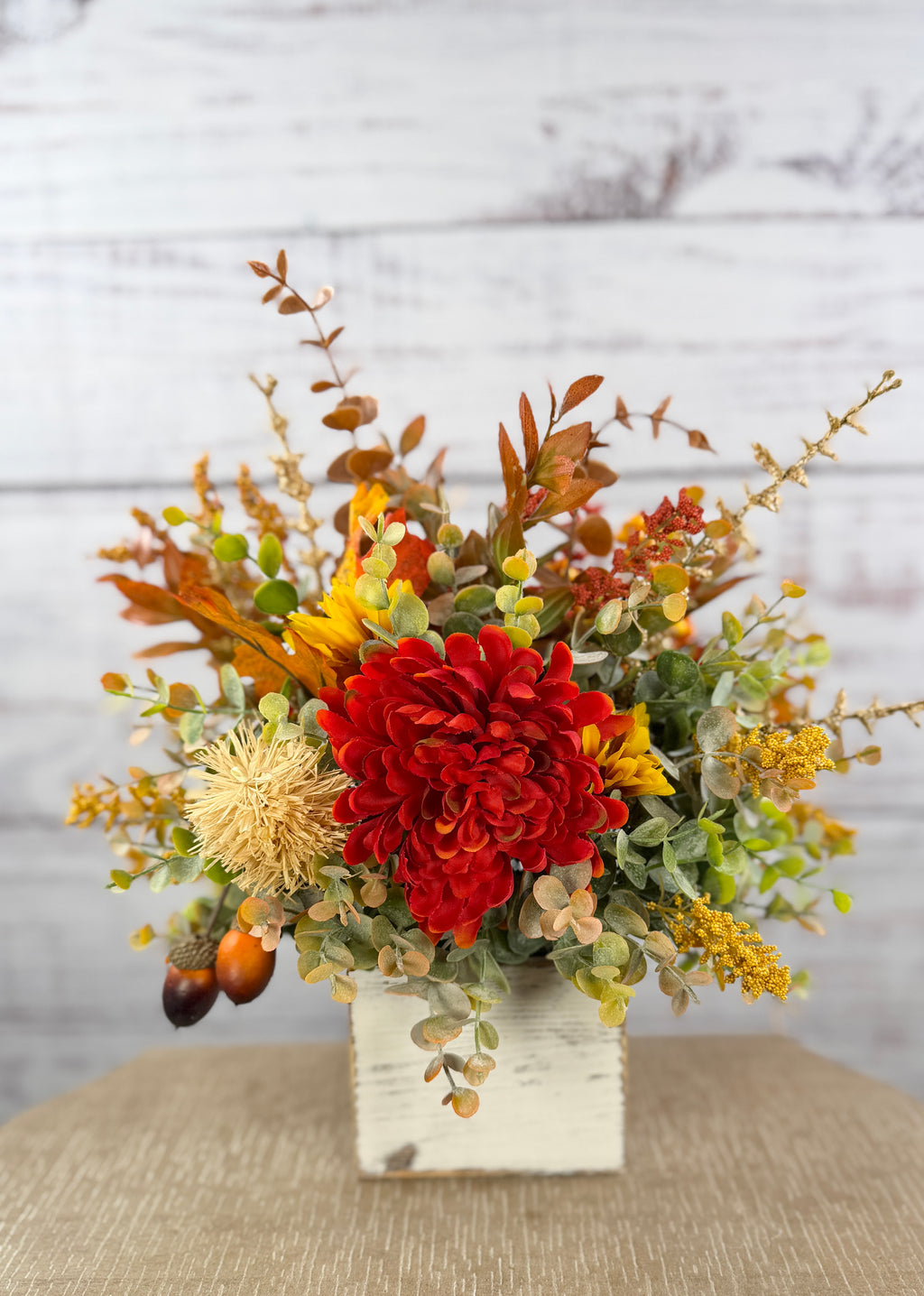 Crimson Harvest – Rustic Fall Floral Arrangement in White Wood Cube