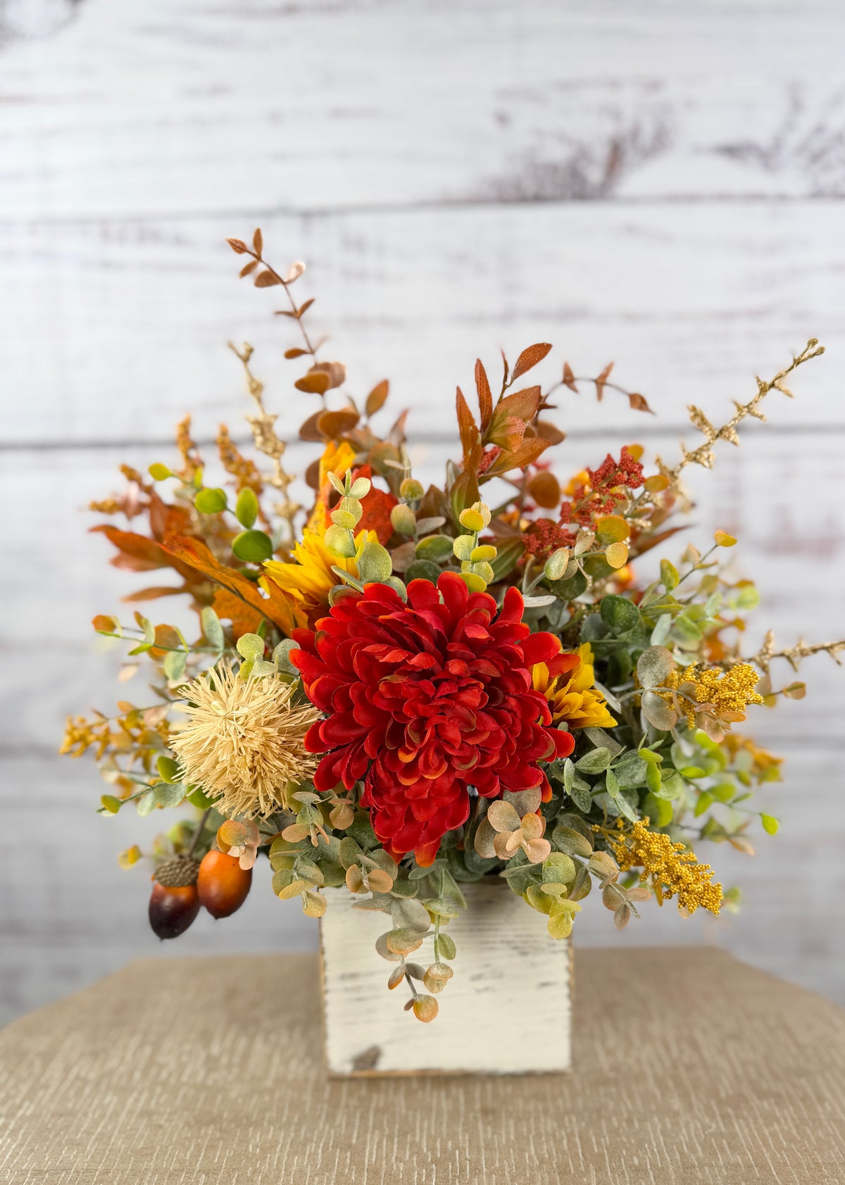 Crimson Harvest – Rustic Fall Floral Arrangement in White Wood Cube