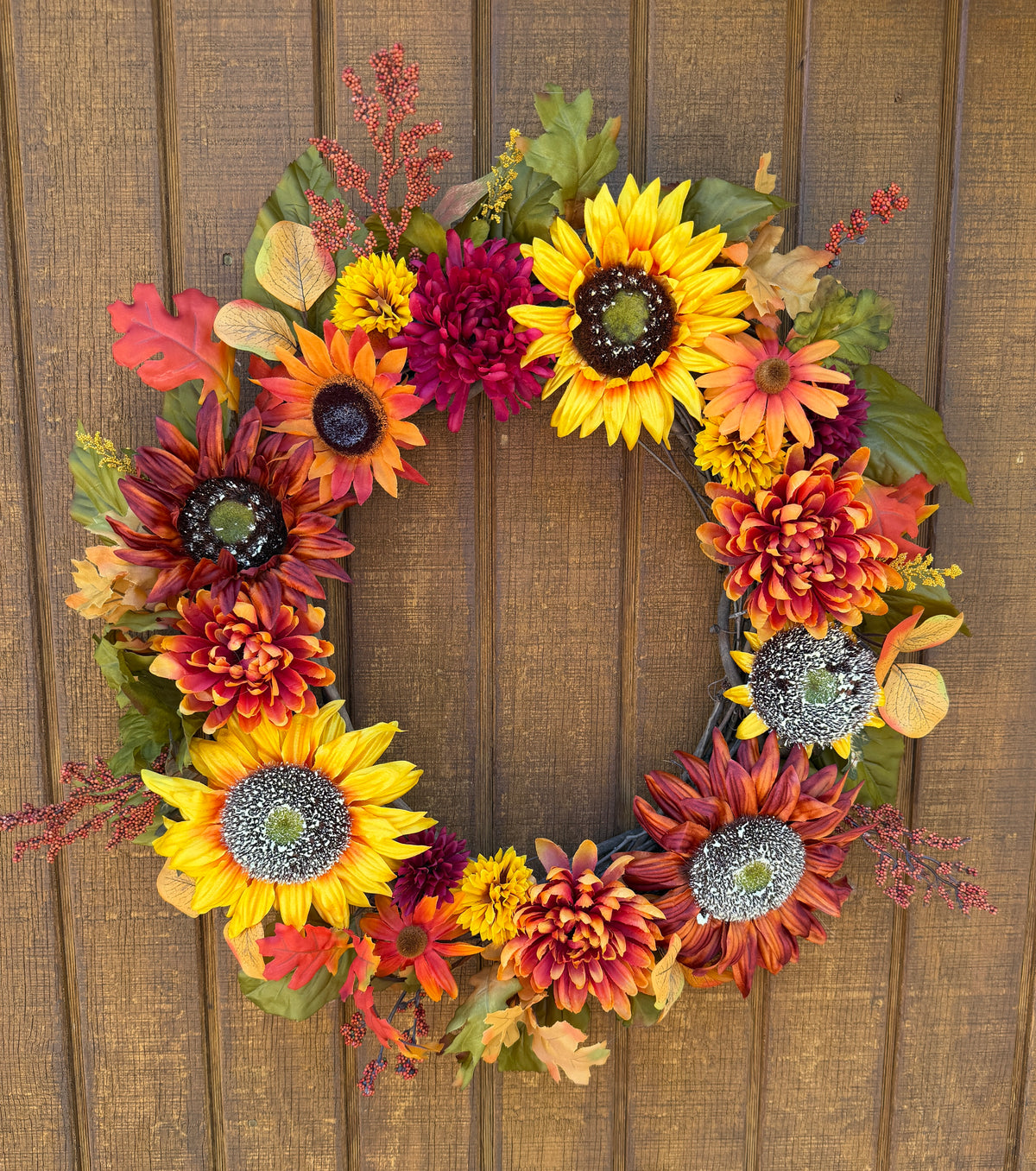 Sunflower Fall Floral Wreath | Orange, Yellow & Burgundy | 27" Round