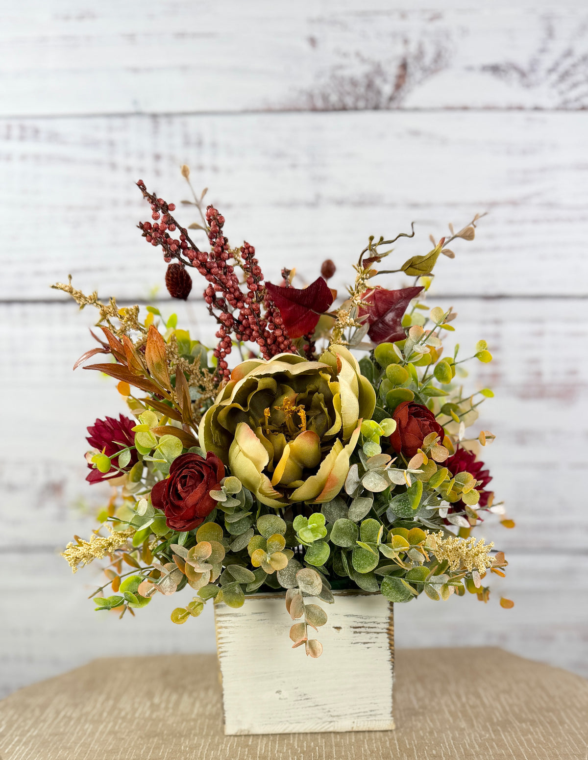 Cottage Crimson – Fall Floral Arrangement in Distressed Wood Cube