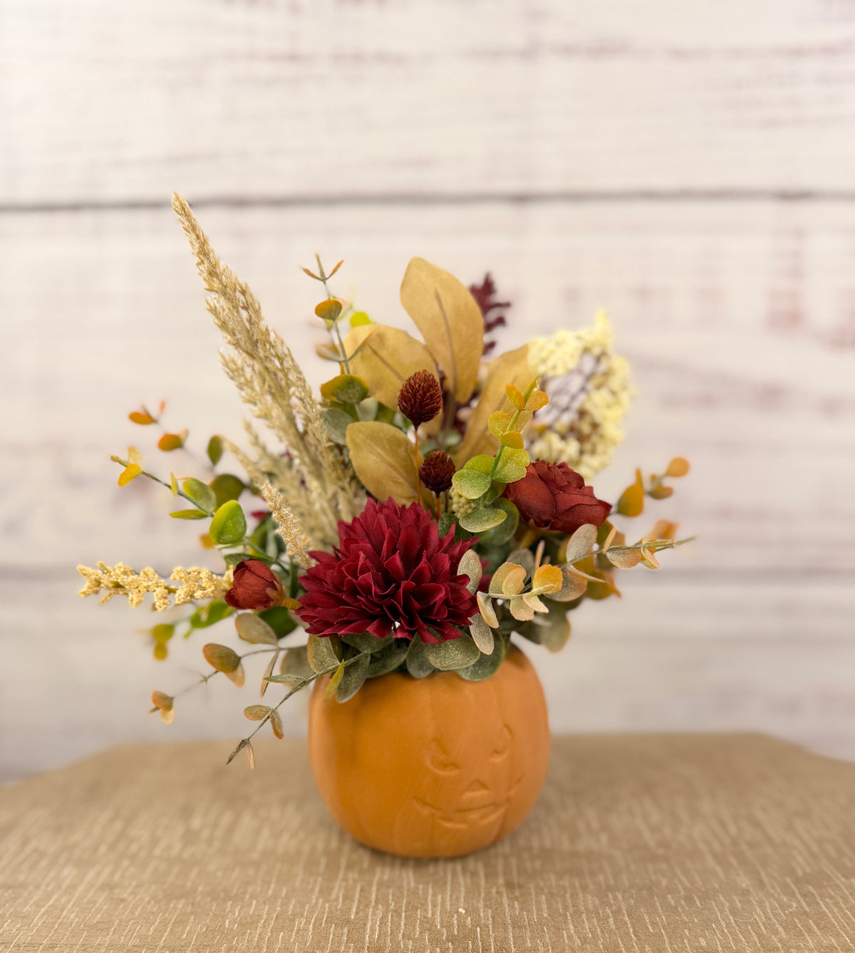 Burgundy Pumpkin Patch – Terracotta Pumpkin Fall Floral Arrangement
