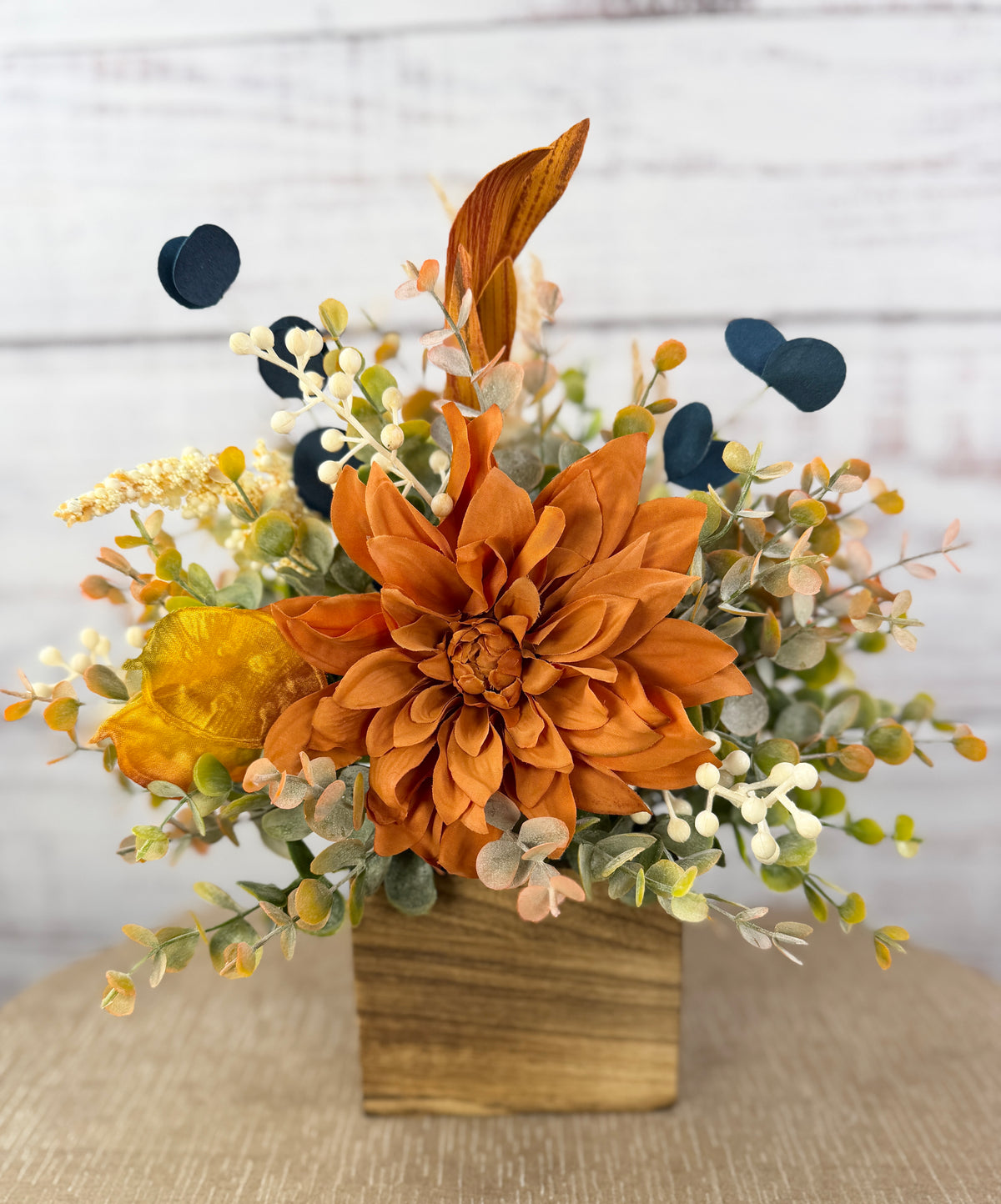 Autumn Blue Fall Floral Arrangement in Wood Cube