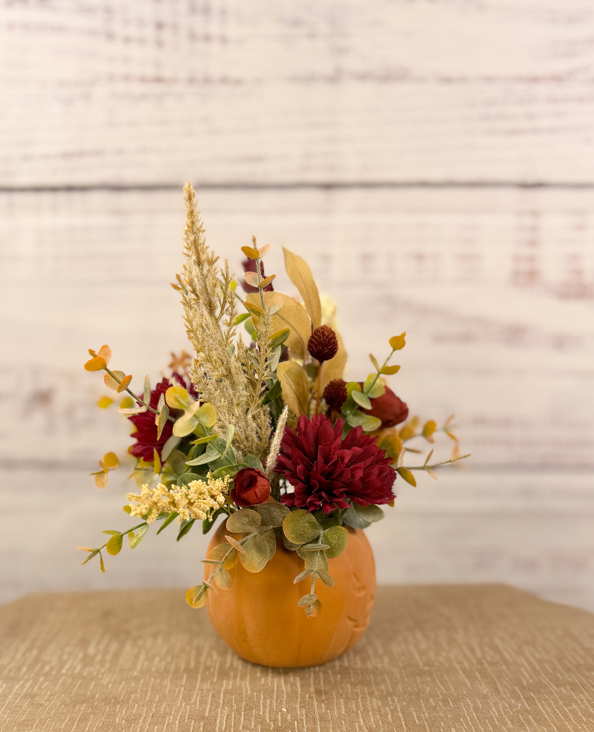 Burgundy Pumpkin Patch – Terracotta Pumpkin Fall Floral Arrangement