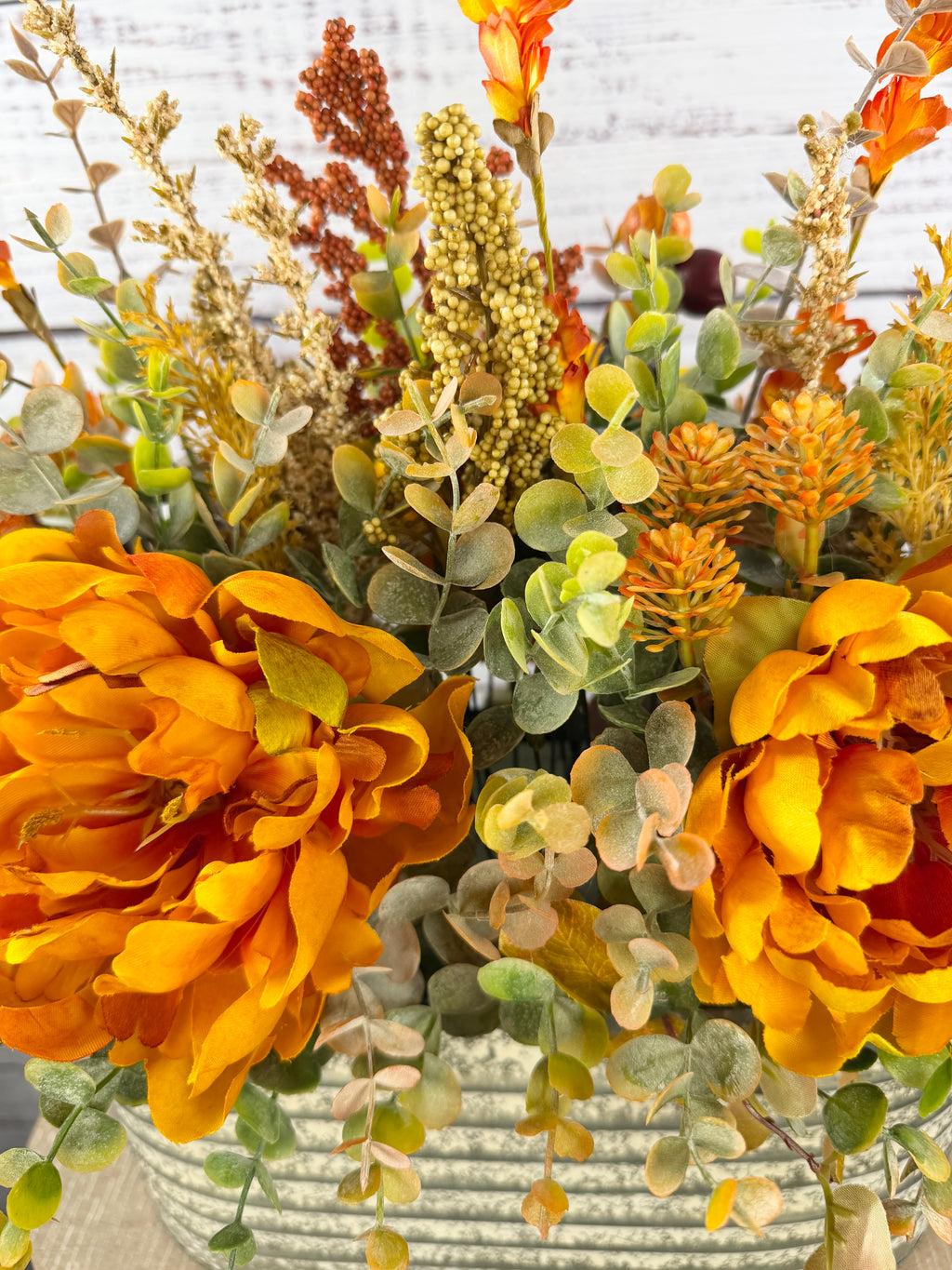 Golden Prairie – Fall Floral Arrangement in Rustic Galvanized Oval Bucket