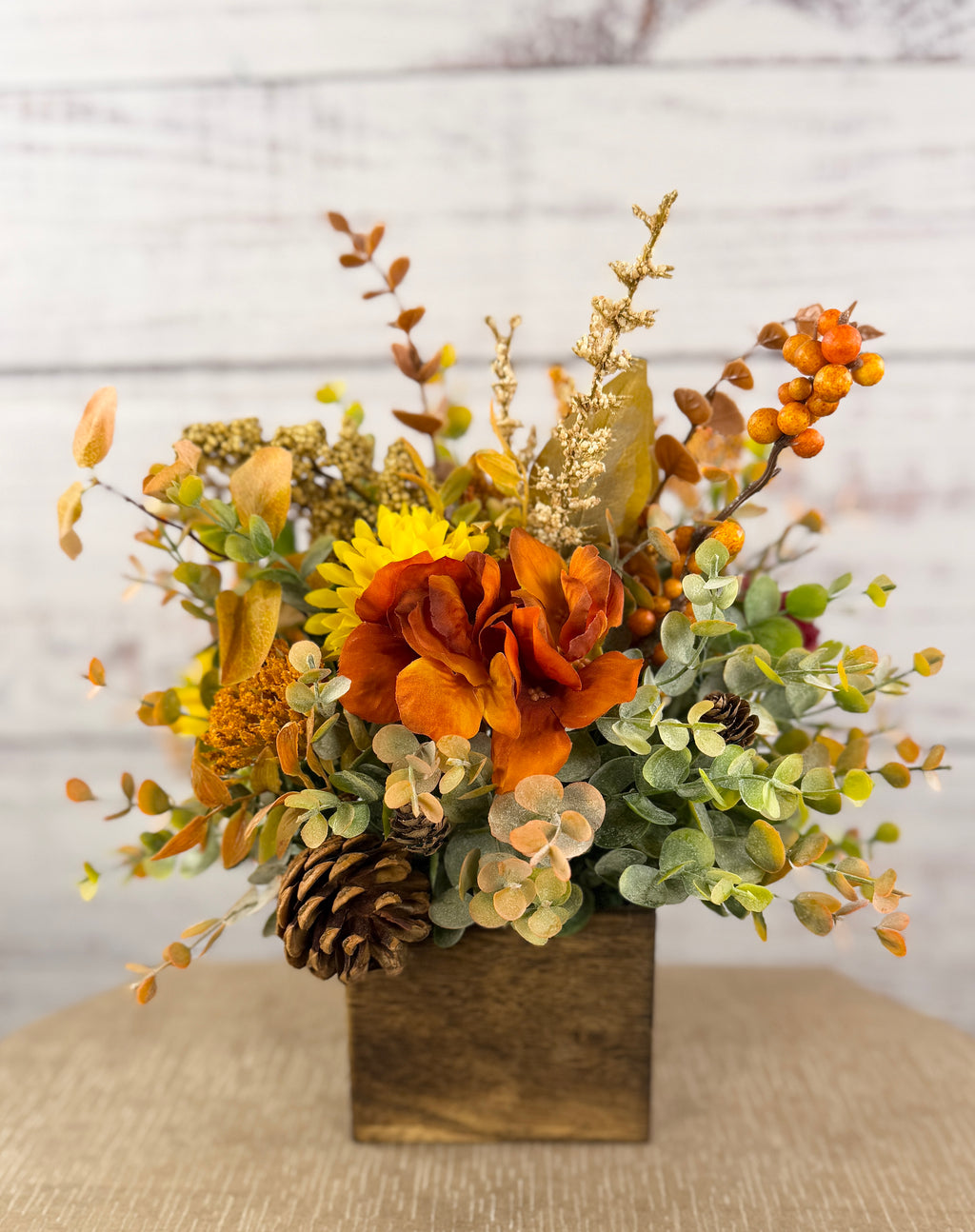 Autumn Grove Fall Floral Arrangement | Wood Cube Centerpiece