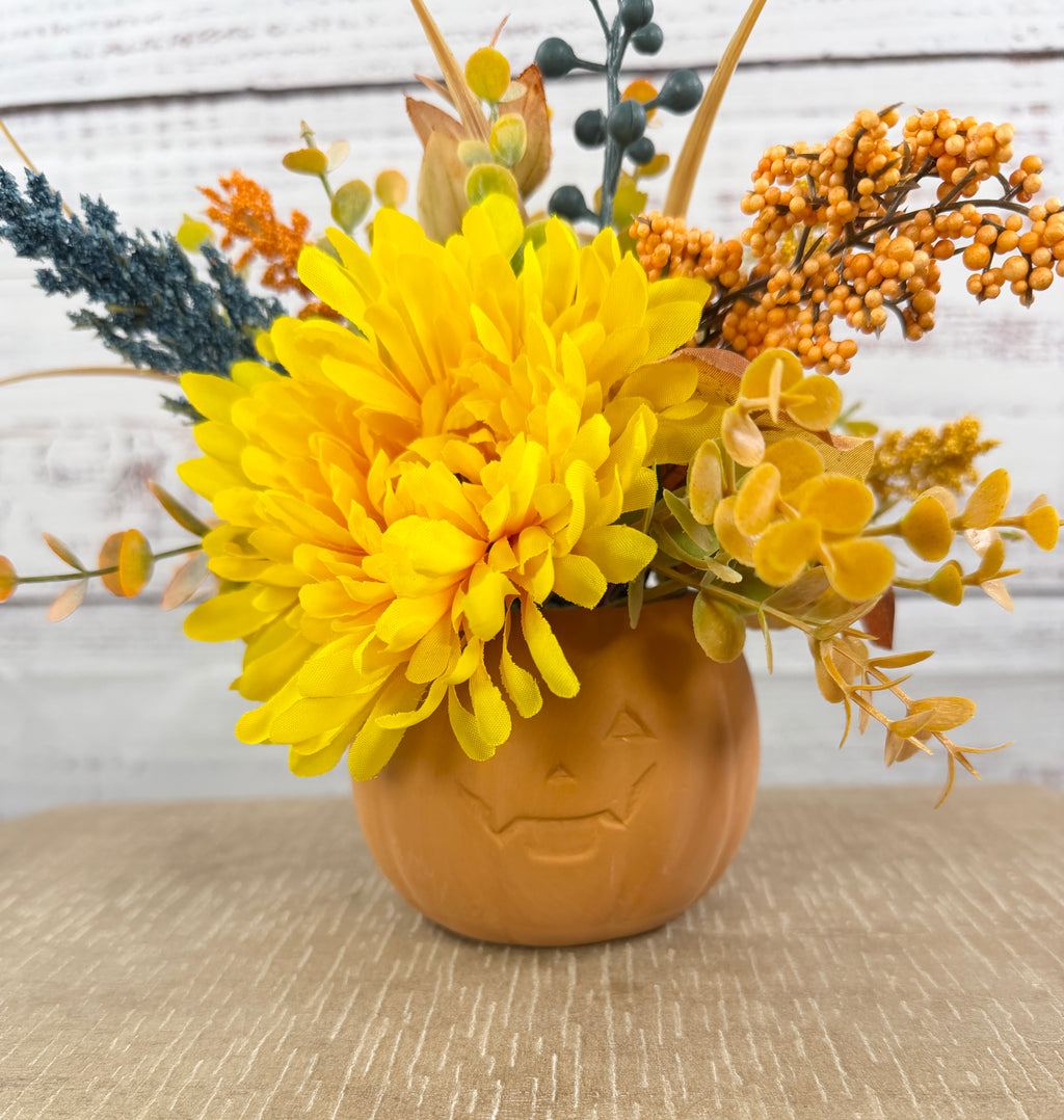 Golden Pumpkin Patch – Terracotta Pumpkin Fall Floral Arrangement