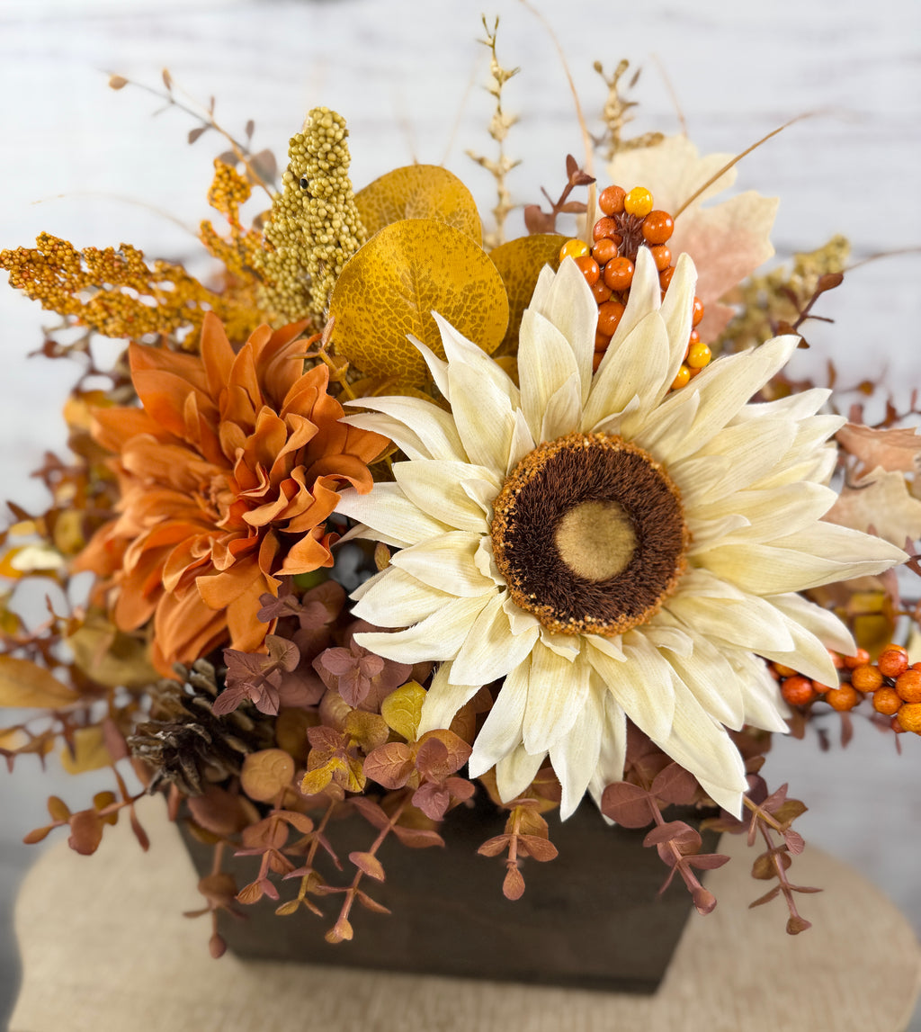 October Sun – Fall Sunflower Wood Trough Arrangement