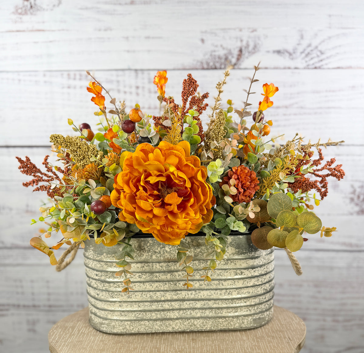 Golden Prairie – Fall Floral Arrangement in Rustic Galvanized Oval Bucket