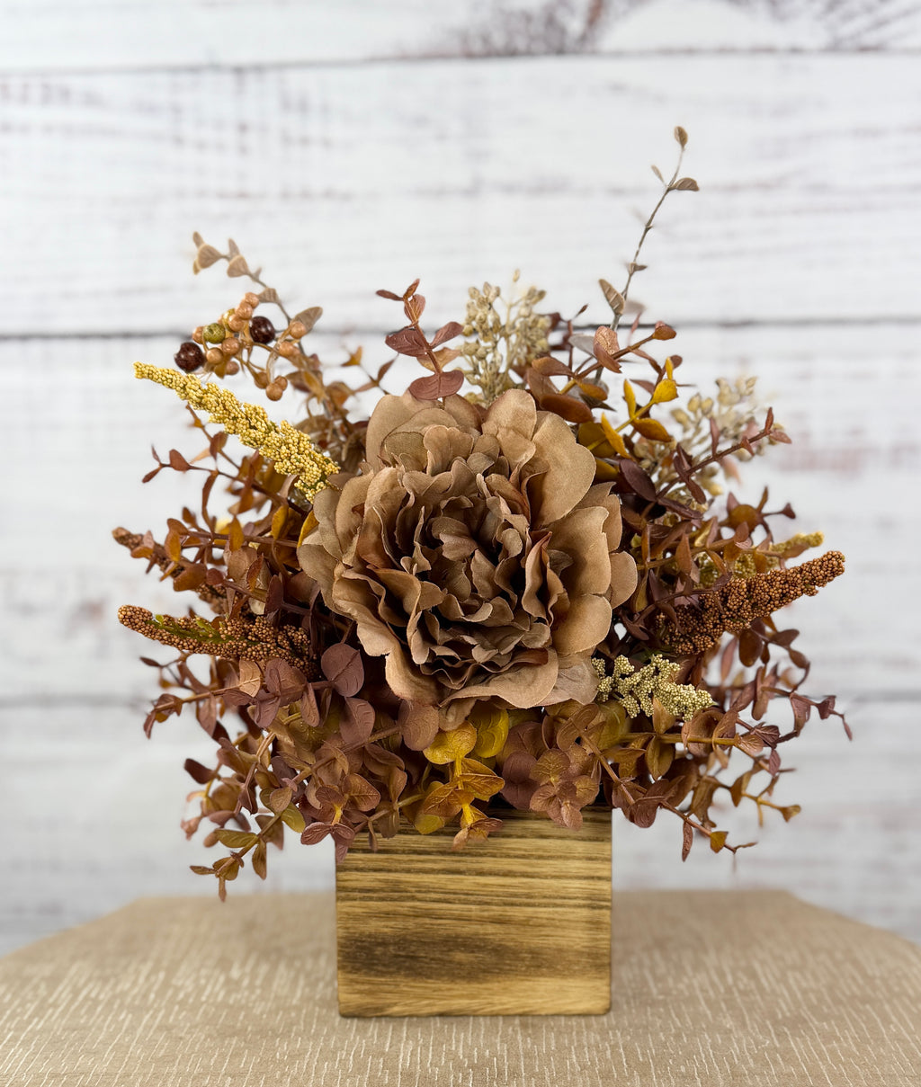 Autumn Mocha Fall Floral Arrangement – Rustic Wood Cube Centerpiece