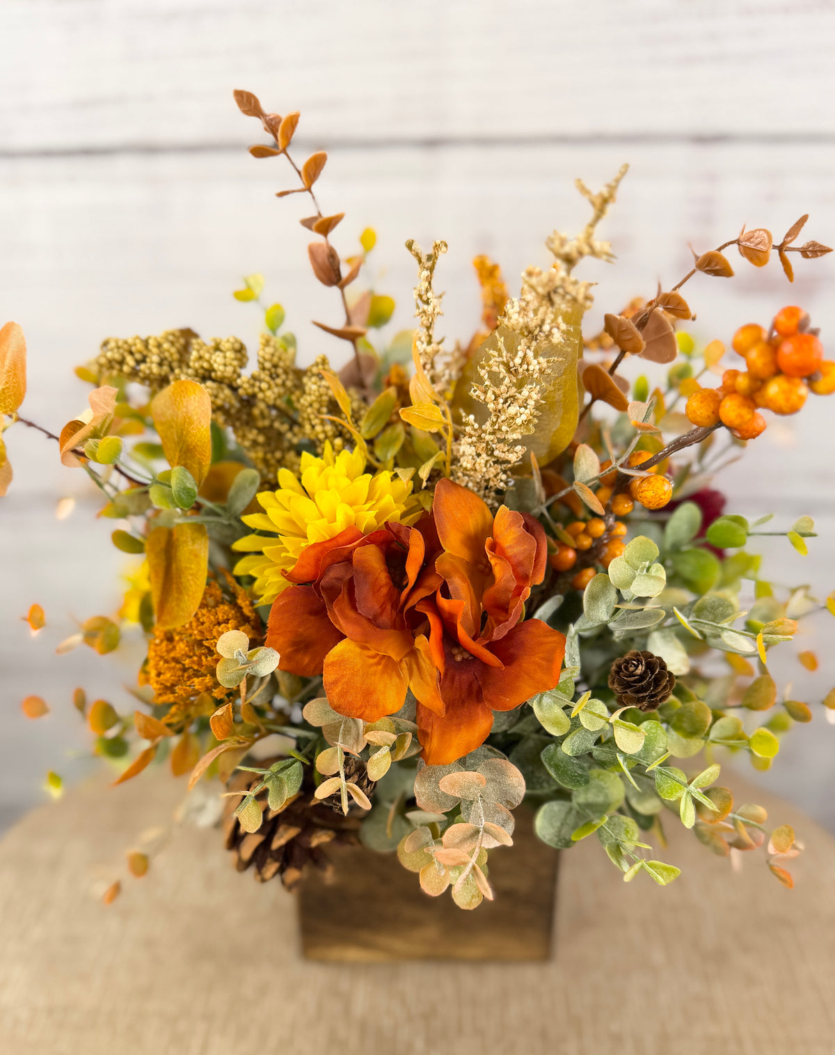 Autumn Grove Fall Floral Arrangement | Wood Cube Centerpiece