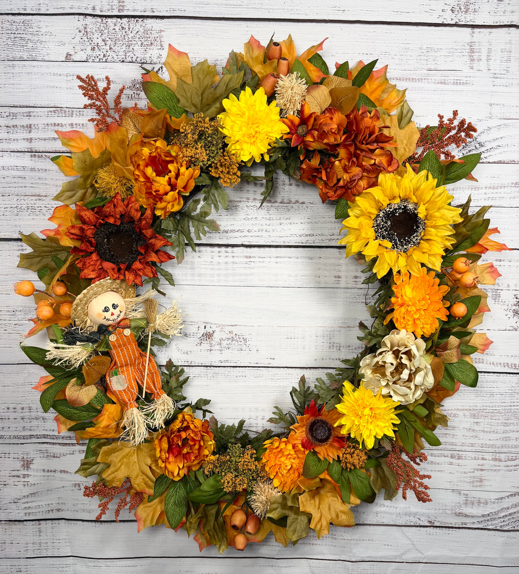 Oversized Scarecrow Sunflower Fall Wreath | Orange, Yellow, Rust & Cream | 34” Round