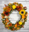 Oversized Scarecrow Sunflower Fall Wreath | Orange, Yellow, Rust & Cream | 34” Round