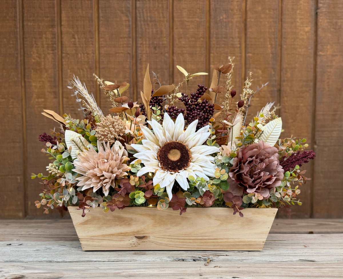 Lighted Sunflower Fall Floral Arrangement – Burgundy & Mauve Wood Trough