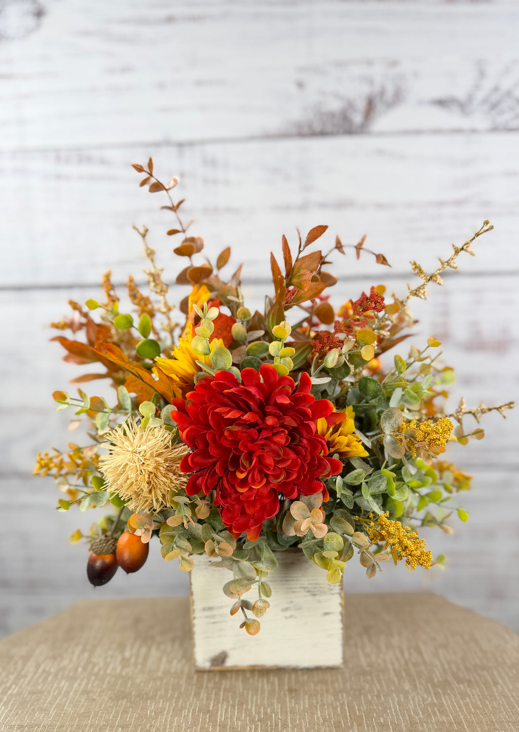 Crimson Harvest – Rustic Fall Floral Arrangement in White Wood Cube