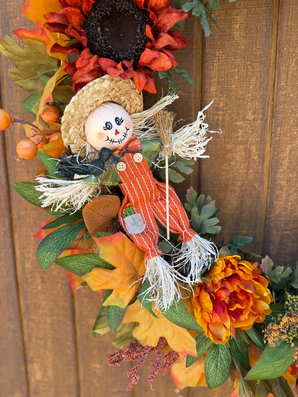 Oversized Scarecrow Sunflower Fall Wreath | Orange, Yellow, Rust & Cream | 34” Round