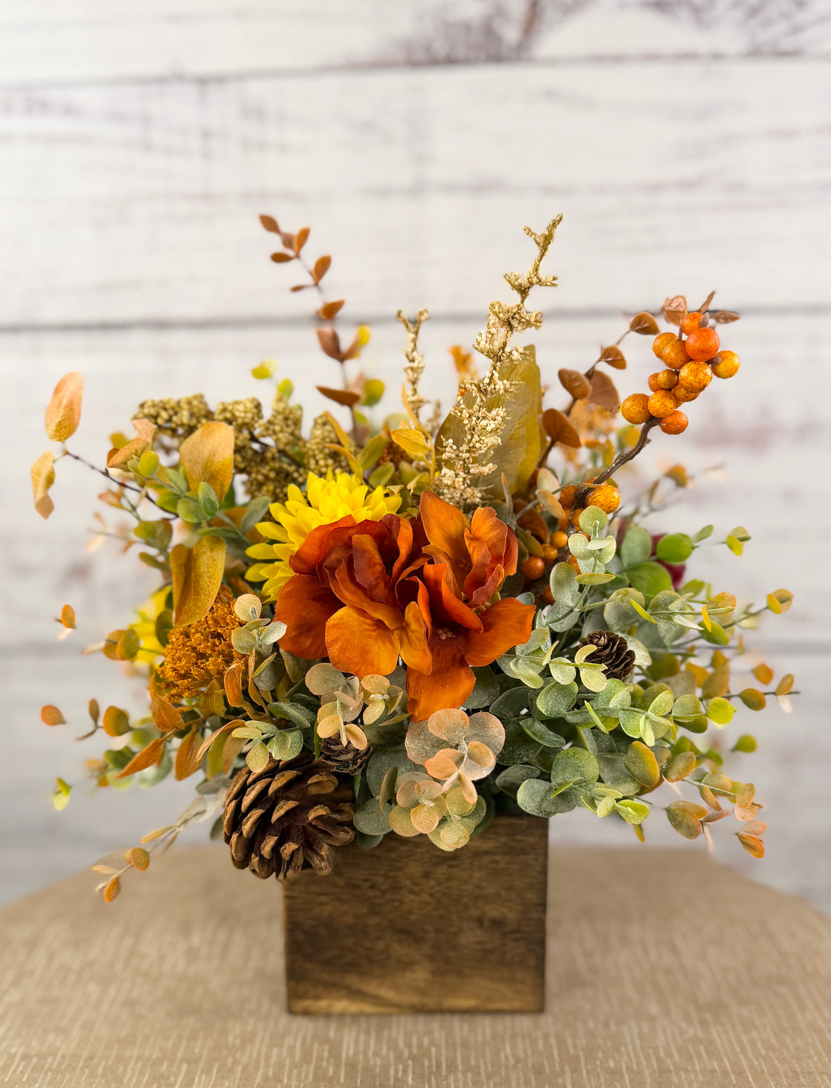 Autumn Grove Fall Floral Arrangement | Wood Cube Centerpiece