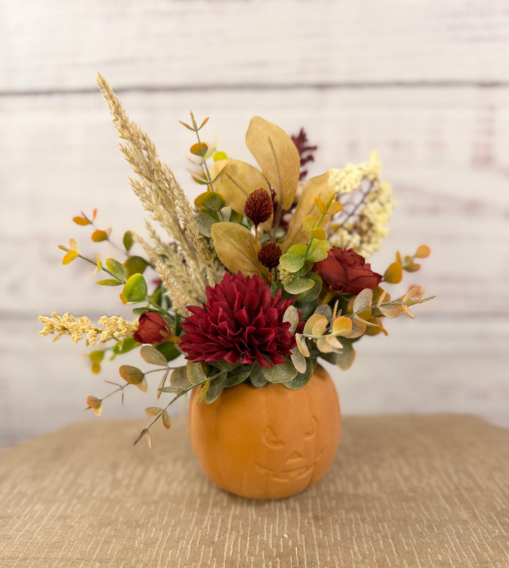 Burgundy Pumpkin Patch – Terracotta Pumpkin Fall Floral Arrangement