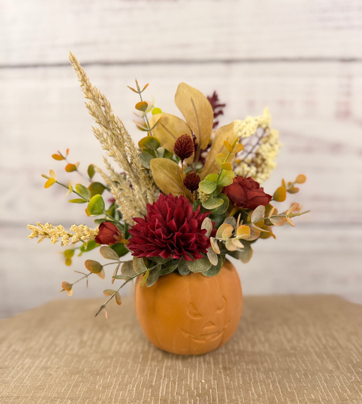 Burgundy Pumpkin Patch – Terracotta Pumpkin Fall Floral Arrangement