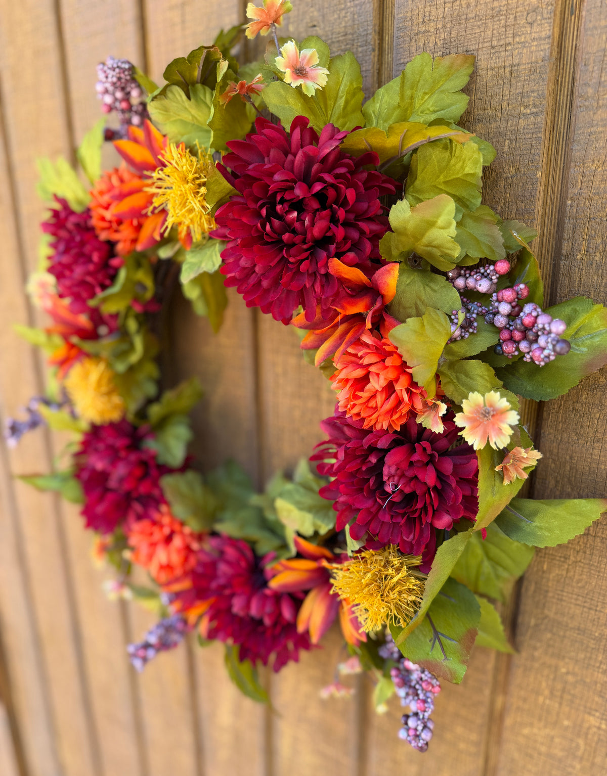 Burgundy Mum Fall Wreath | Burgundy, Orange & Olive Green