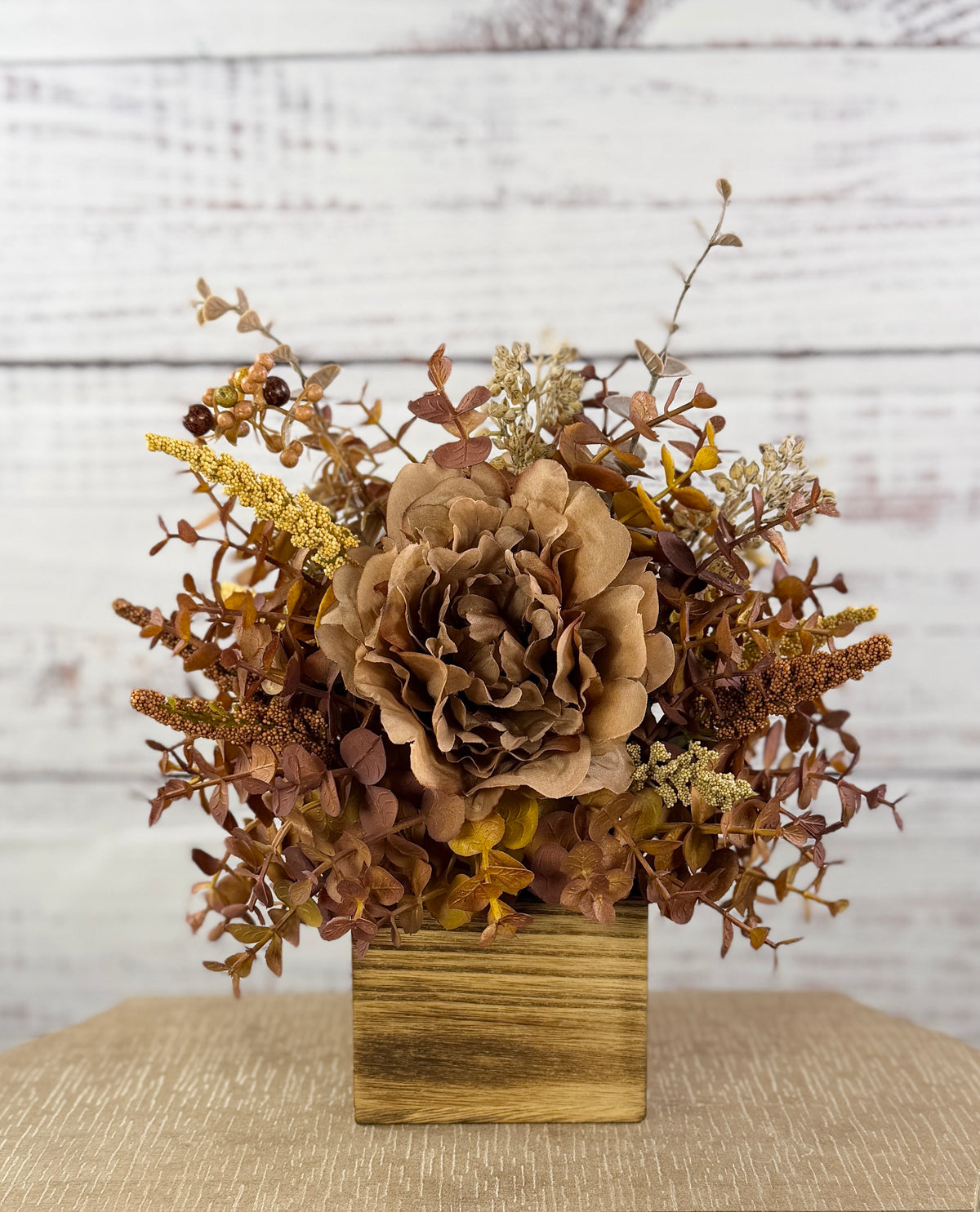 Autumn Mocha Fall Floral Arrangement – Rustic Wood Cube Centerpiece