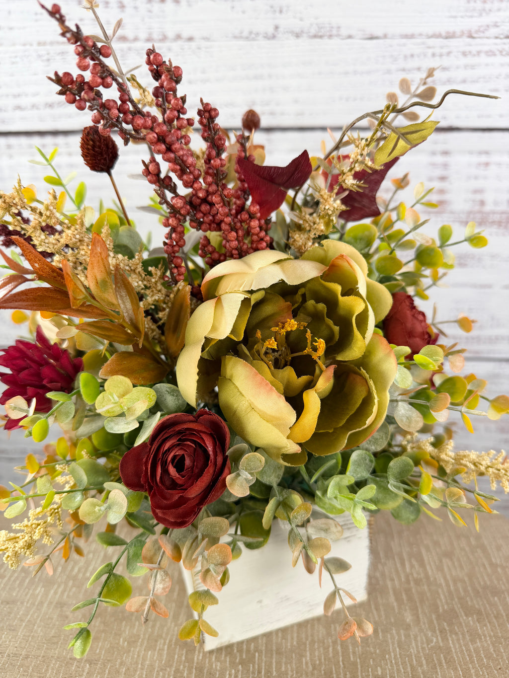 Cottage Crimson – Fall Floral Arrangement in Distressed Wood Cube