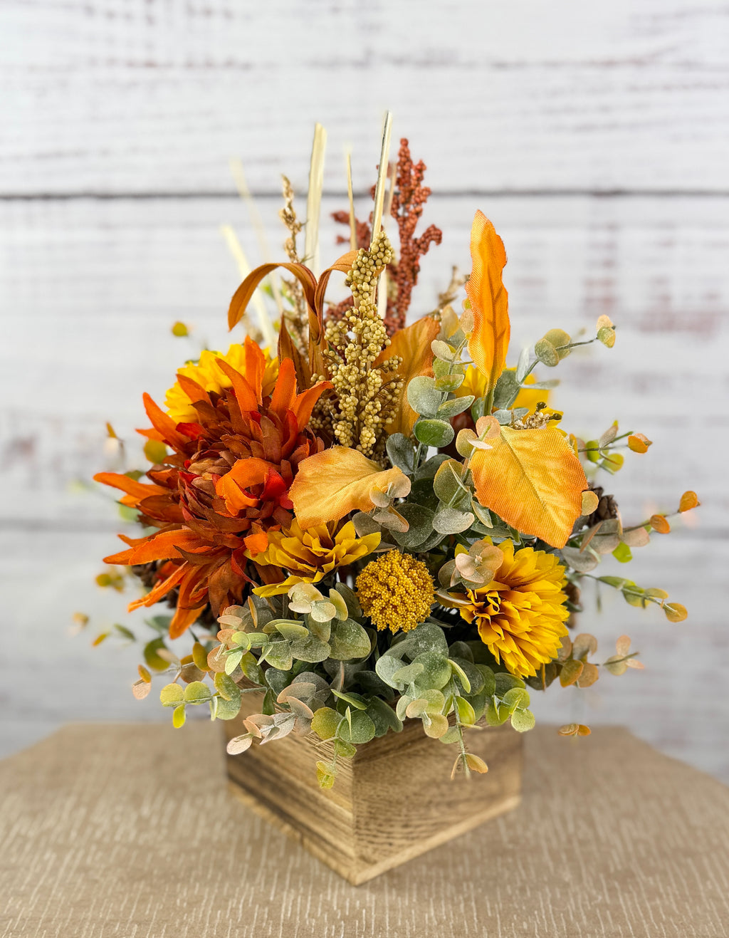 Cider Bloom – Fall Floral Arrangement in Wood Cube Box