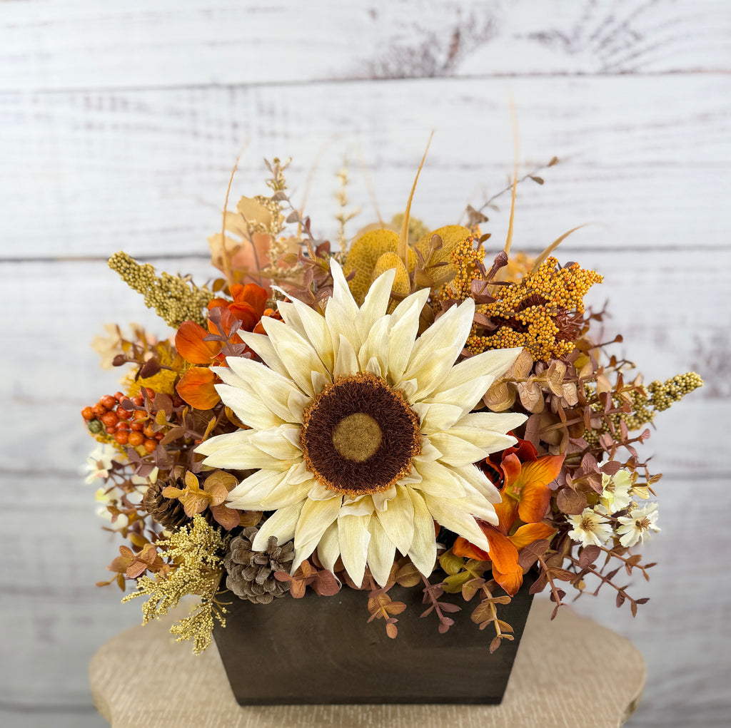 October Sun – Fall Sunflower Wood Trough Arrangement