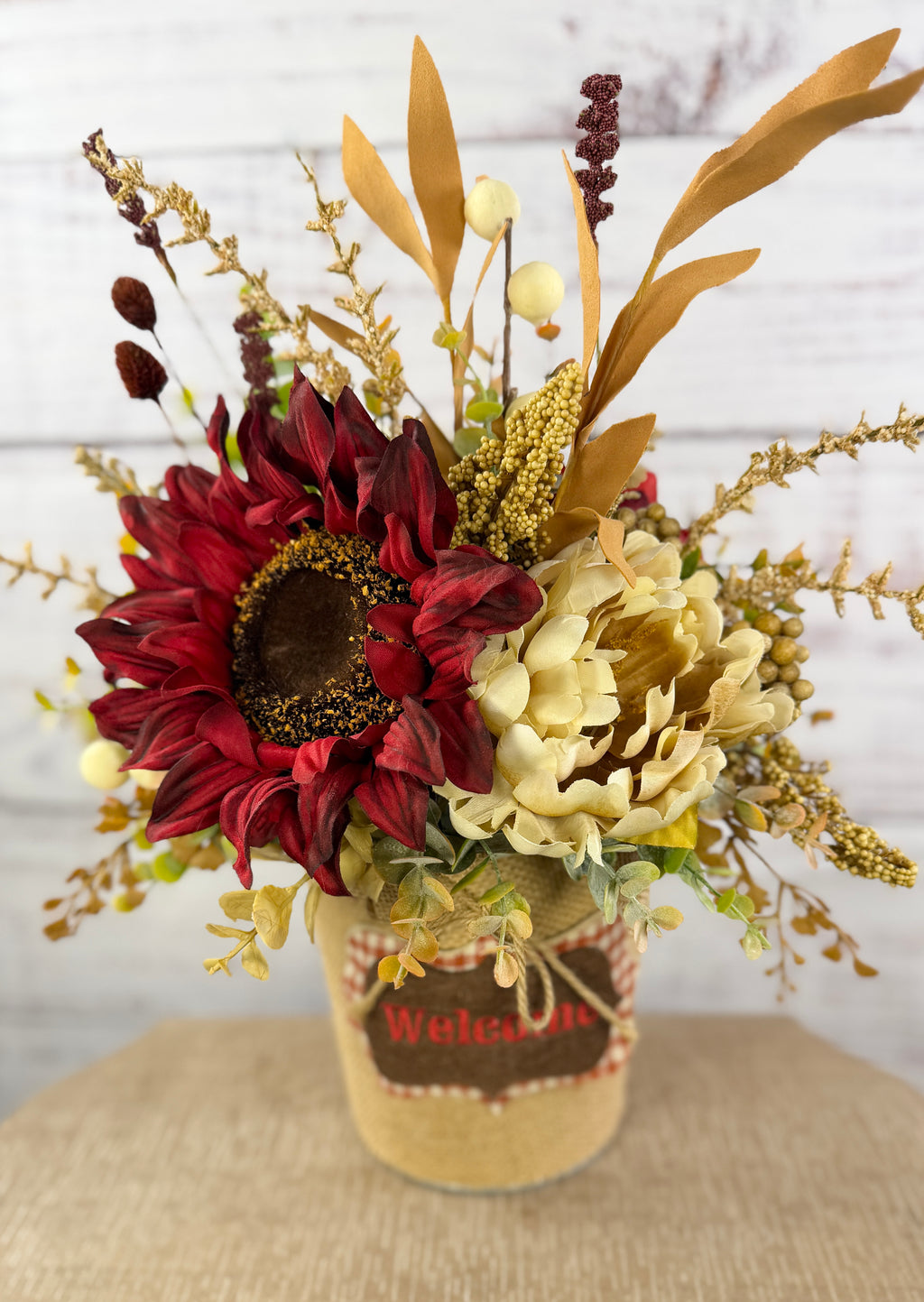 Cranberry Cottage – Burgundy Sunflower Fall Floral Arrangement