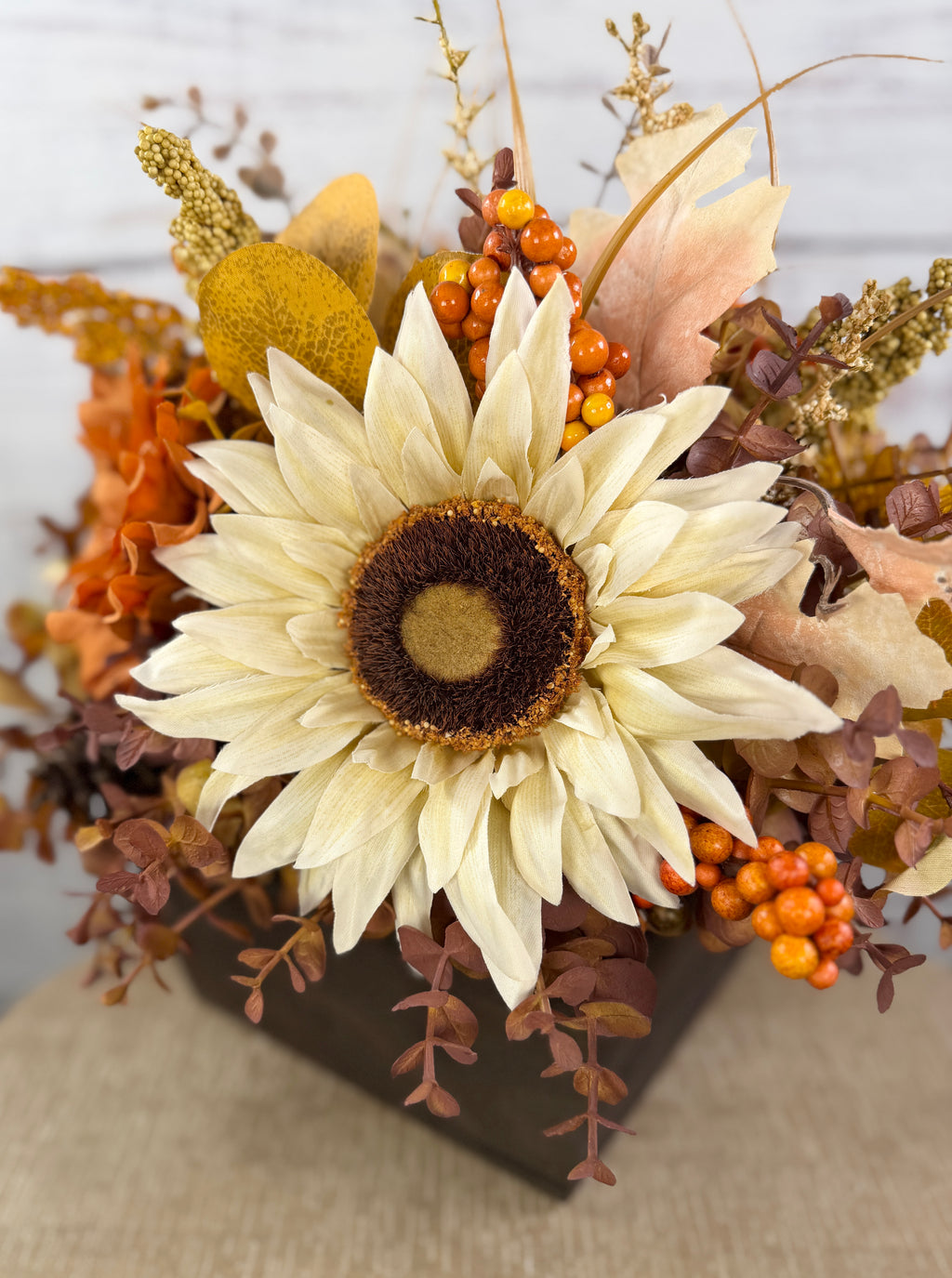 October Sun – Fall Sunflower Wood Trough Arrangement