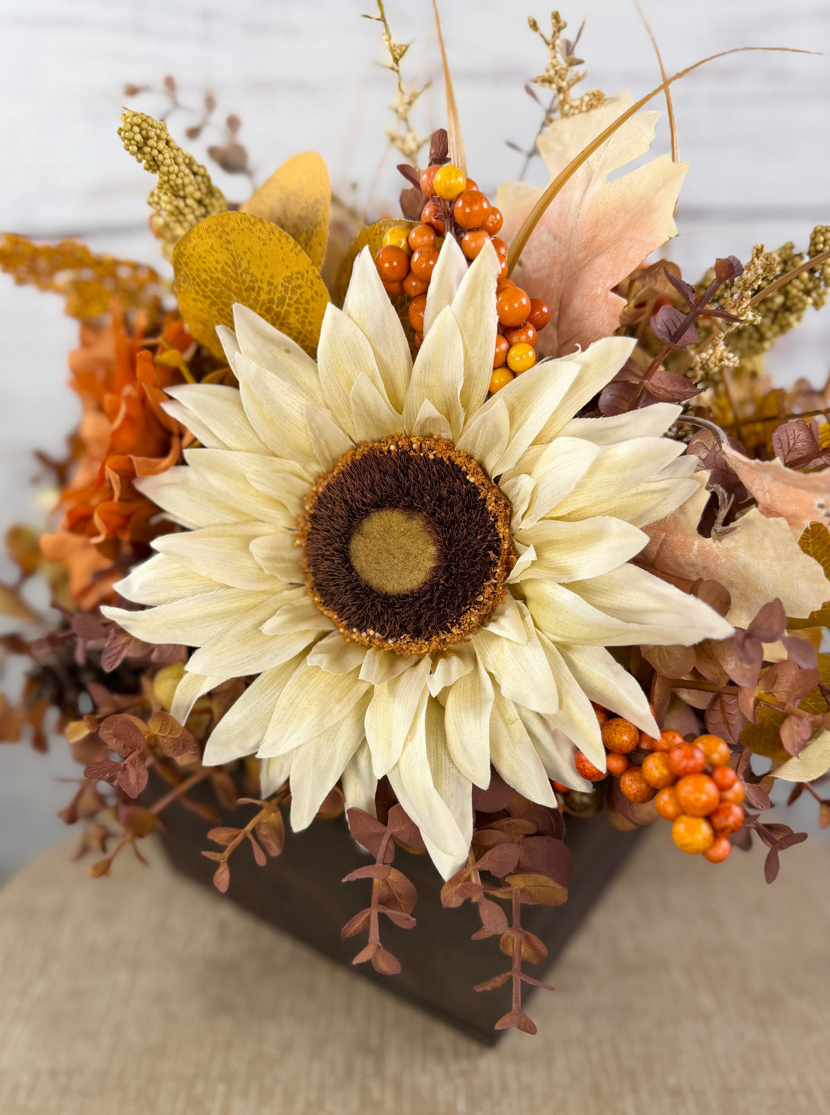 October Sun – Fall Sunflower Wood Trough Arrangement