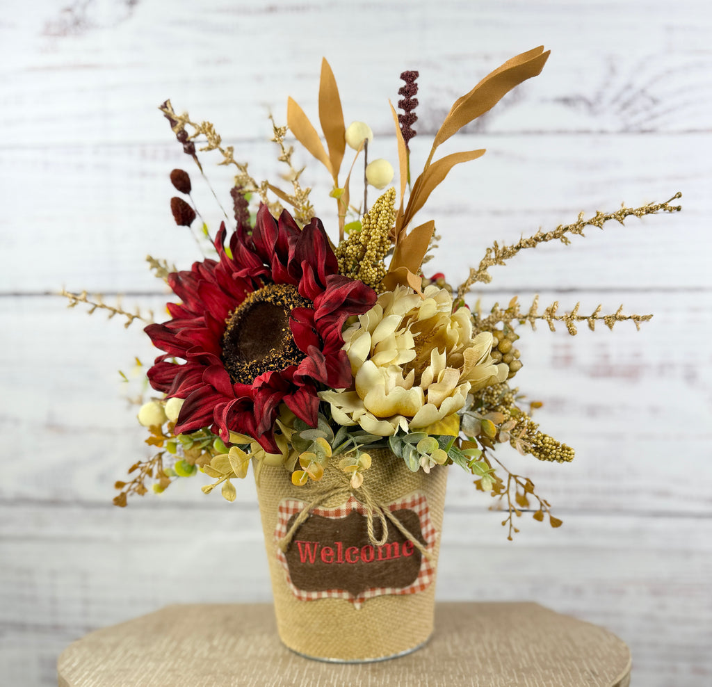 Cranberry Cottage – Burgundy Sunflower Fall Floral Arrangement