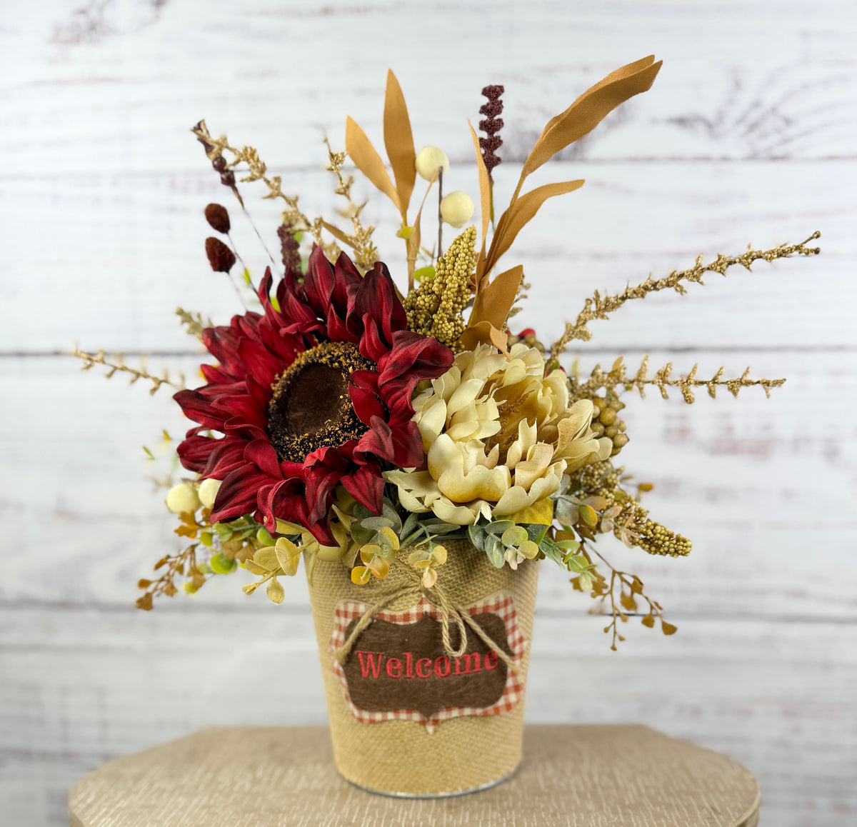 Cranberry Cottage – Burgundy Sunflower Fall Floral Arrangement