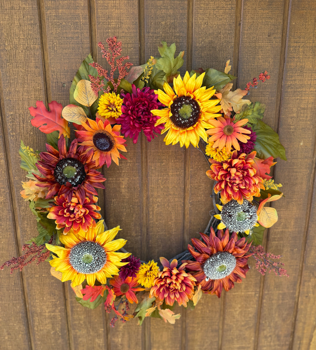 Sunflower Fall Floral Wreath | Orange, Yellow & Burgundy | 27" Round