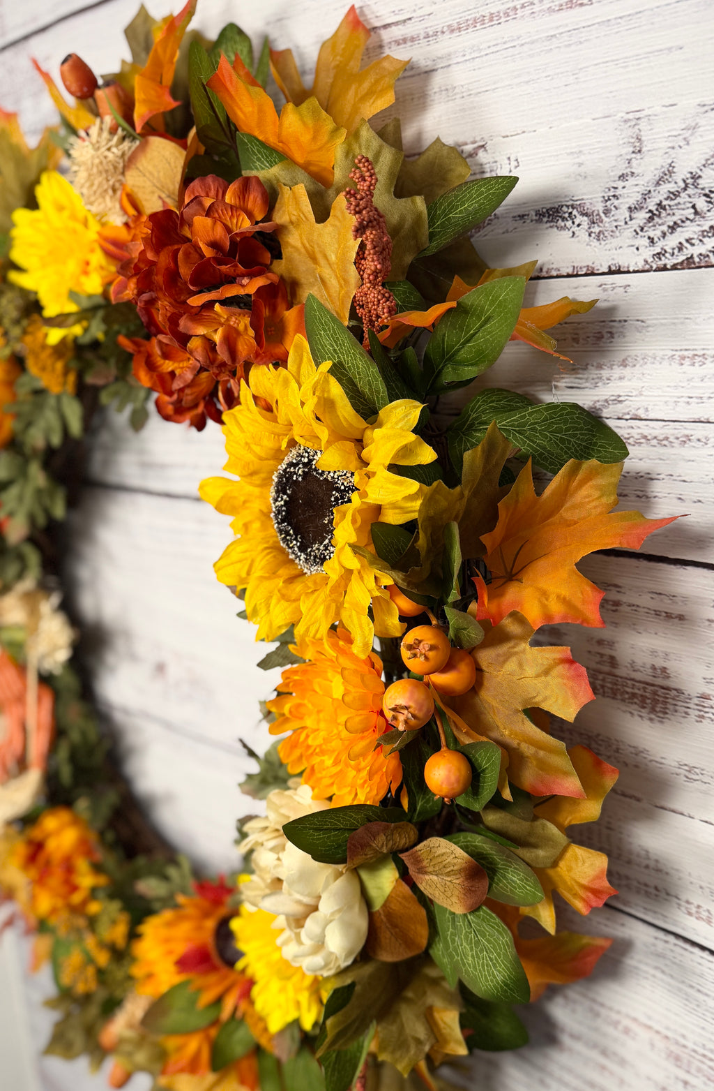 Oversized Scarecrow Sunflower Fall Wreath | Orange, Yellow, Rust & Cream | 34” Round