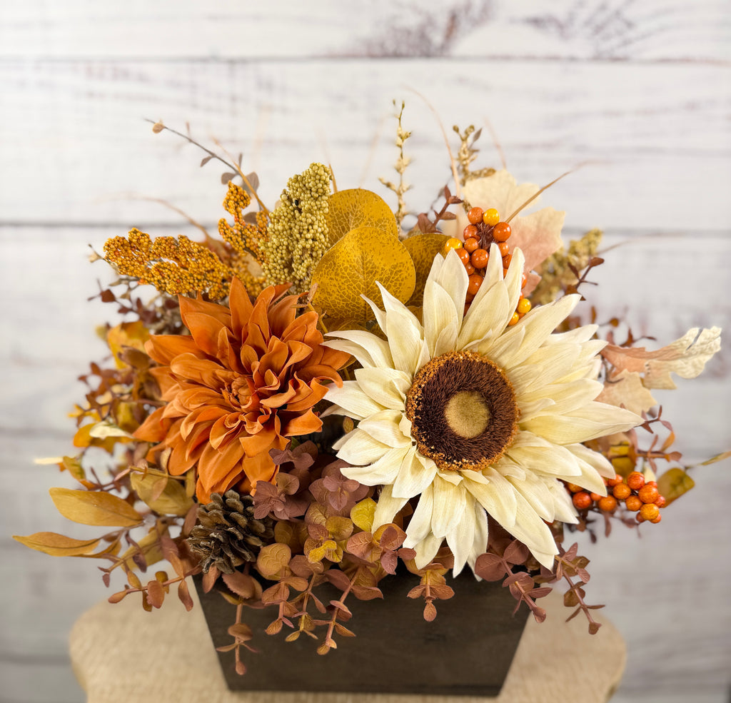 October Sun – Fall Sunflower Wood Trough Arrangement