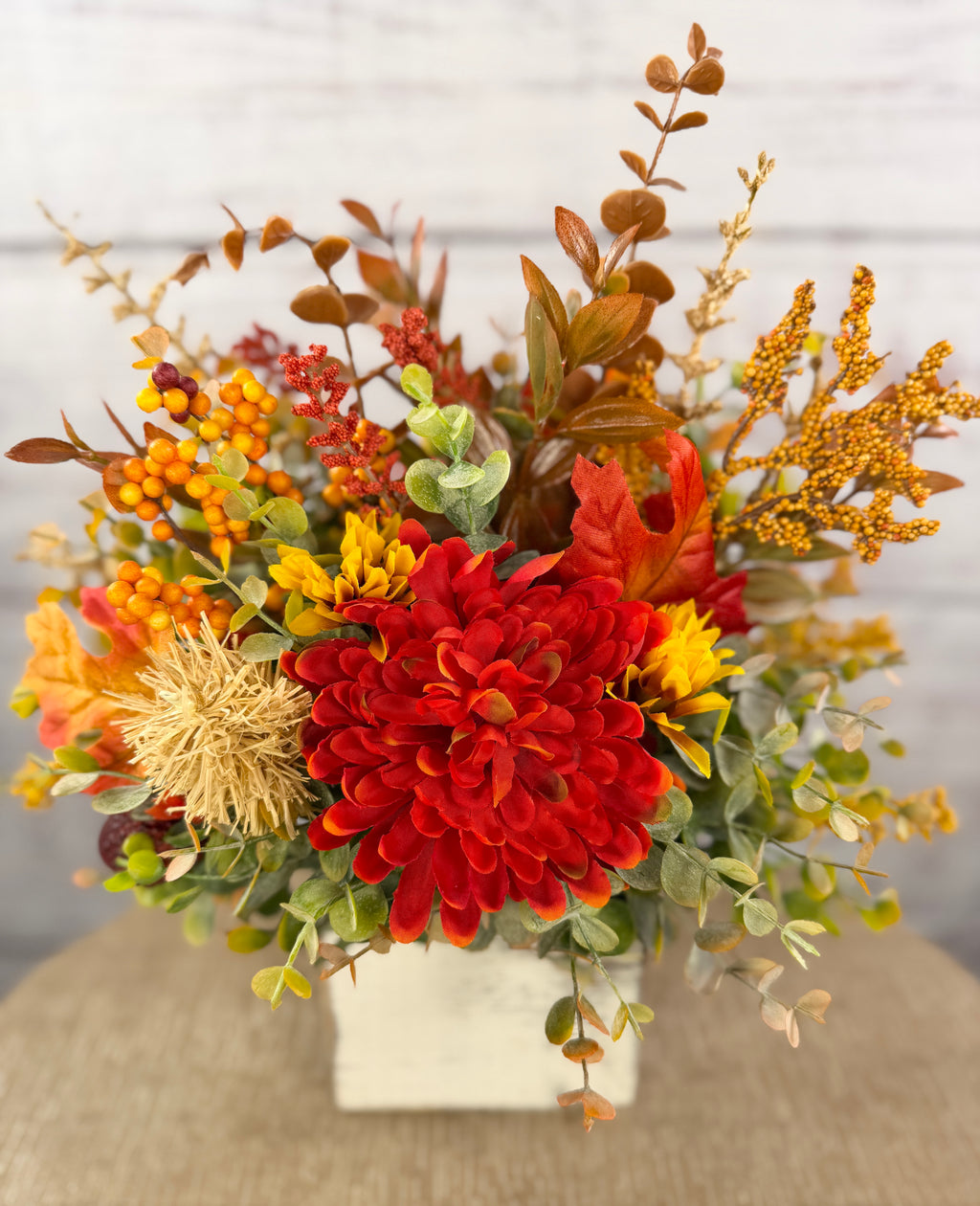 Crimson Harvest – Rustic Fall Floral Arrangement in White Wood Cube