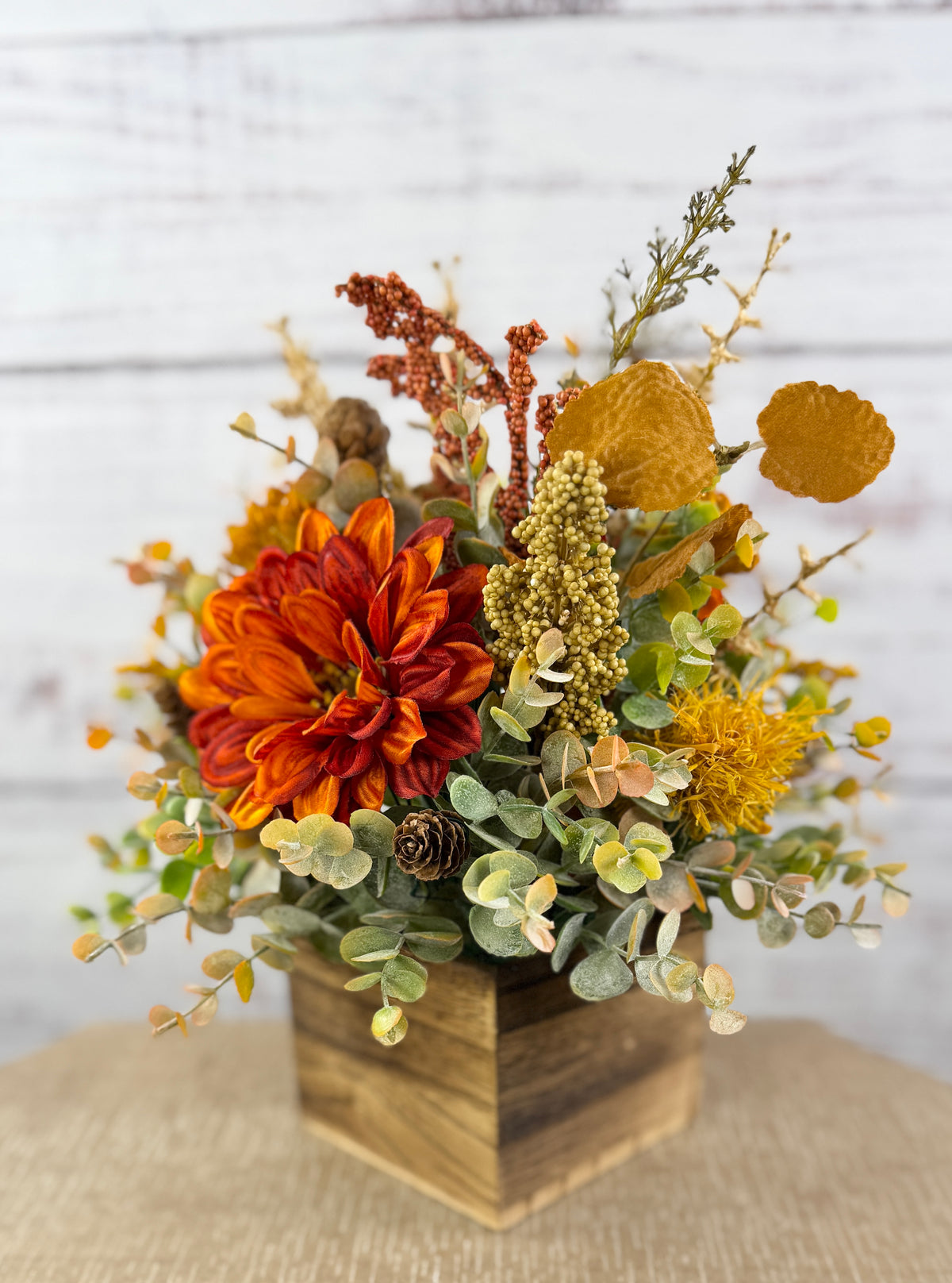 Copper Grove Fall Floral Arrangement in Wood Cube Box