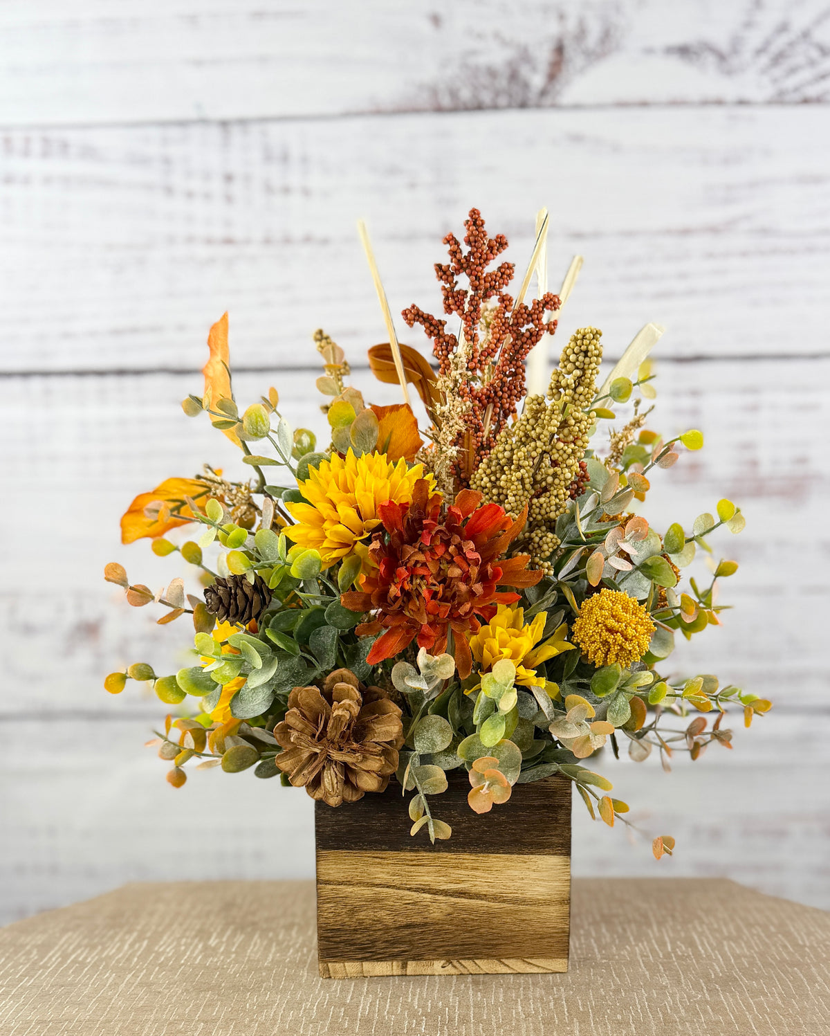 Cider Bloom – Fall Floral Arrangement in Wood Cube Box