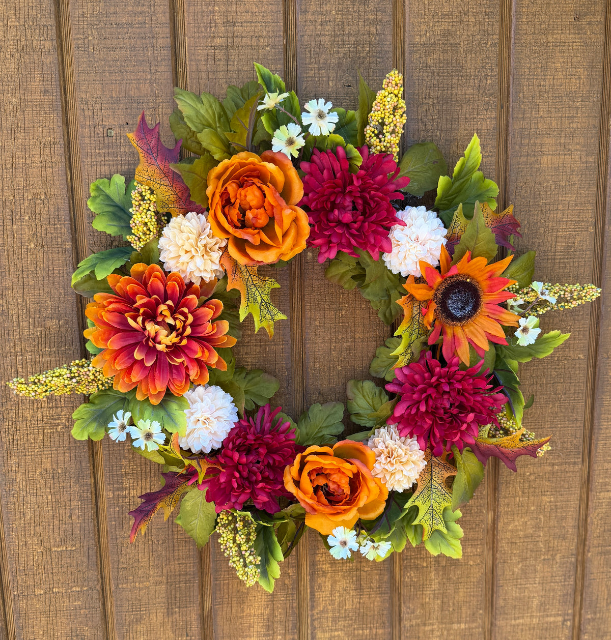 Burgundy Mum & Orange Rose Fall Wreath | Burgundy, Orange & Cream