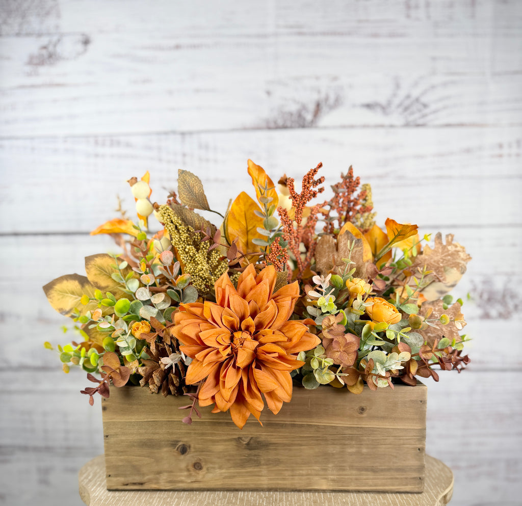 Harvest Haven Fall Wood Trough Arrangement