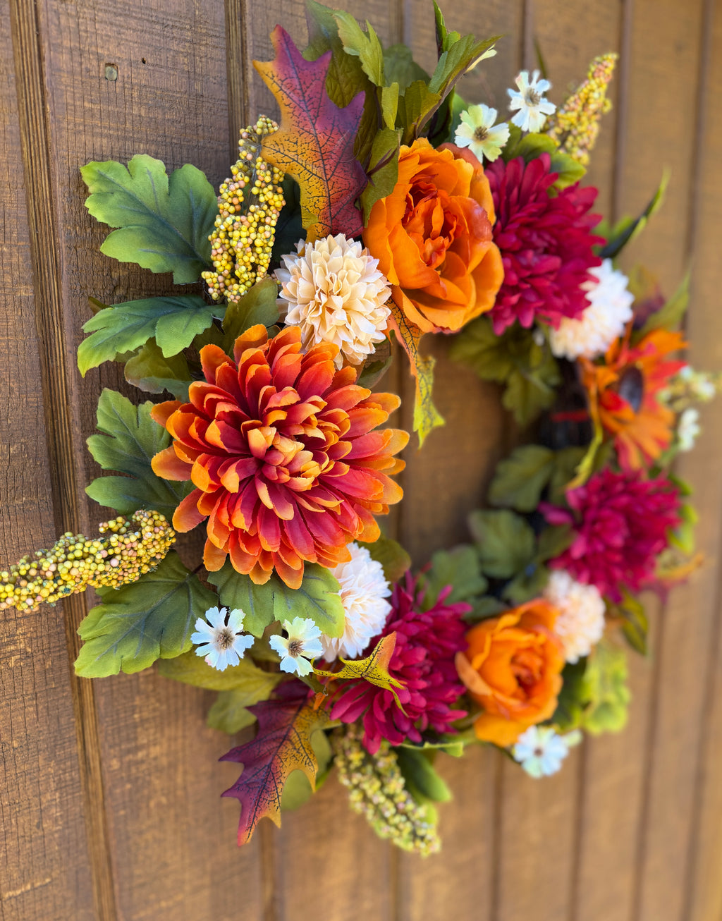 Burgundy Mum & Orange Rose Fall Wreath | Burgundy, Orange & Cream