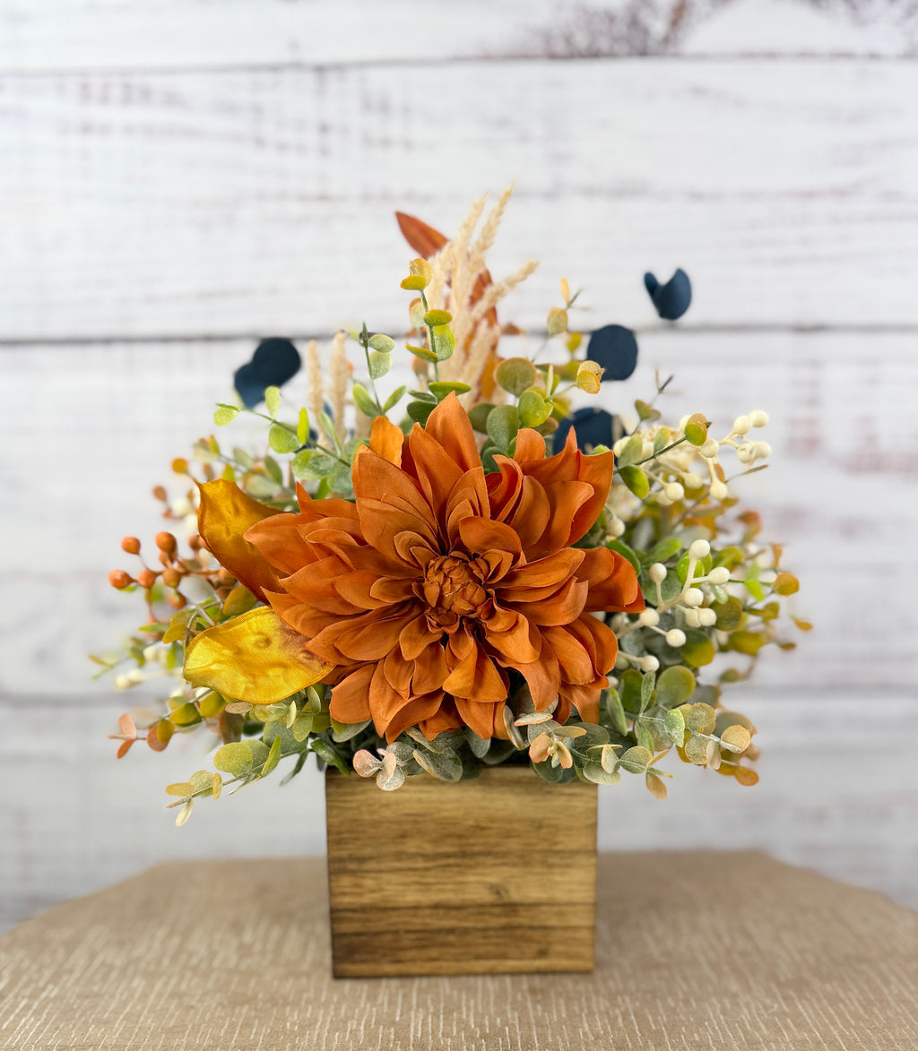 Autumn Blue Fall Floral Arrangement in Wood Cube