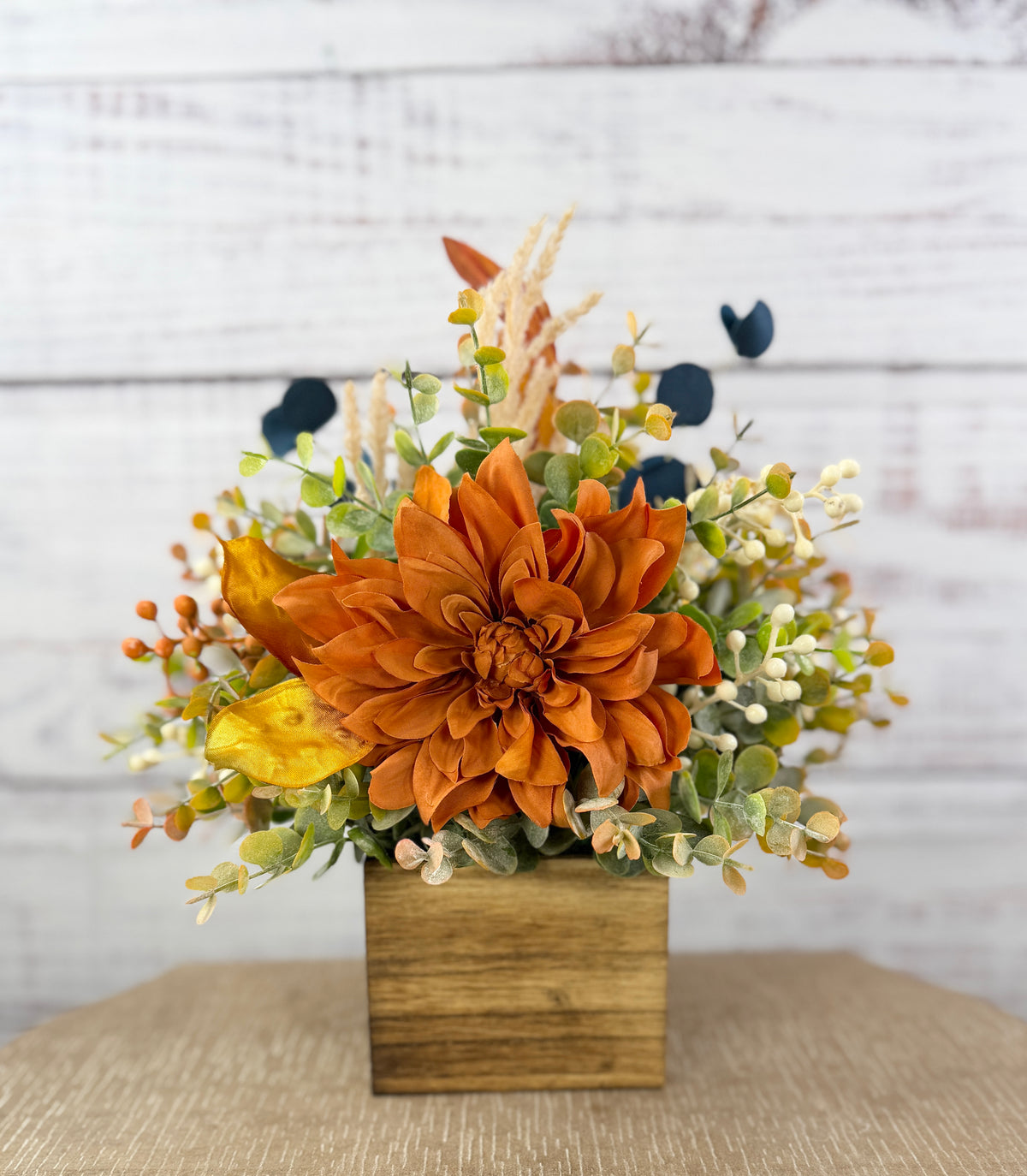 Autumn Blue Fall Floral Arrangement in Wood Cube