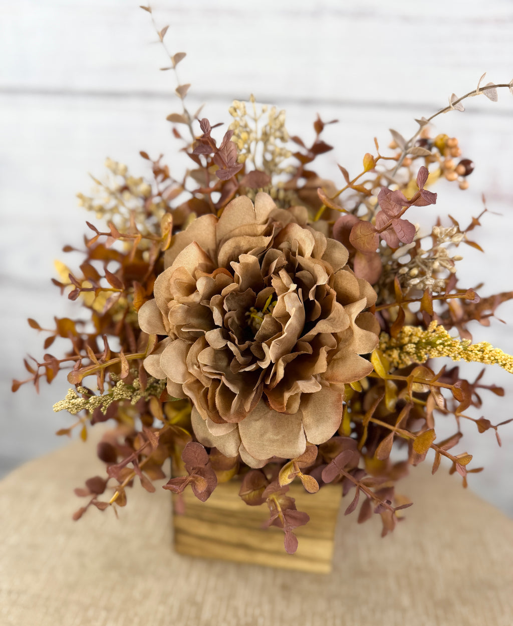 Autumn Mocha Fall Floral Arrangement – Rustic Wood Cube Centerpiece