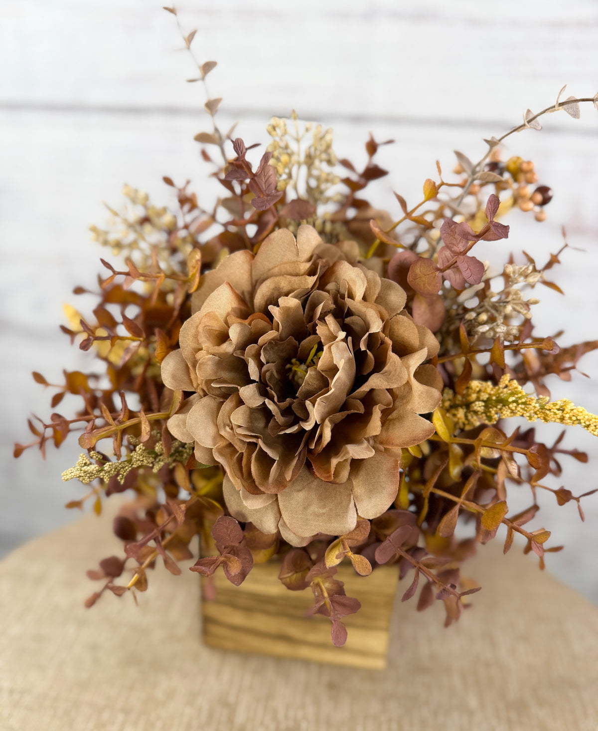Autumn Mocha Fall Floral Arrangement – Rustic Wood Cube Centerpiece