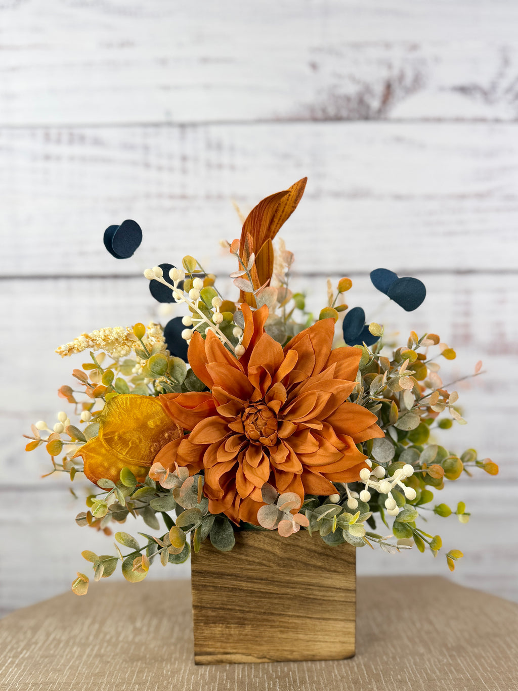 Autumn Blue Fall Floral Arrangement in Wood Cube